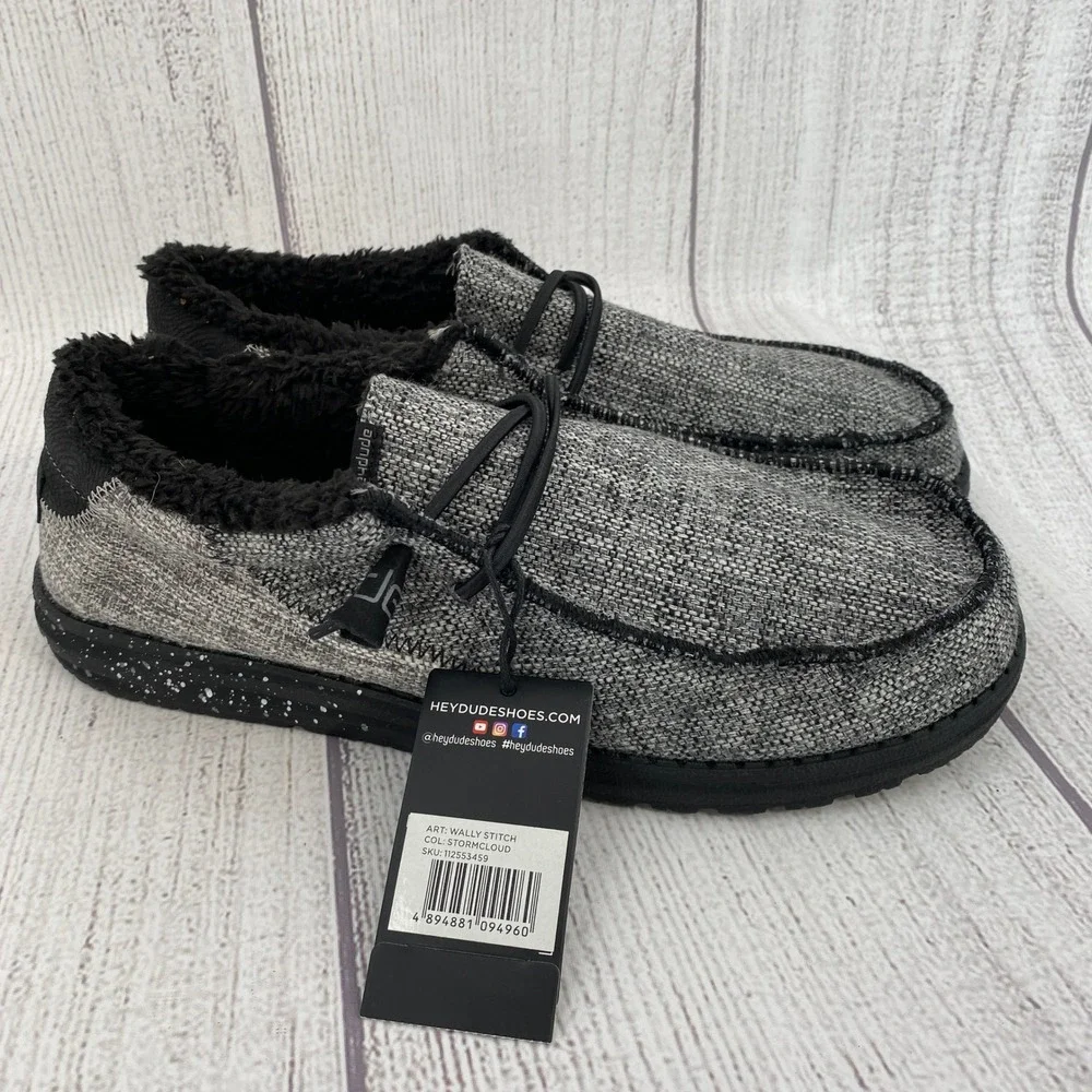 Hey Dude Wally Stitch Mens 12 Stormcloud Grey Faux Fur Lined Loafers Comfort